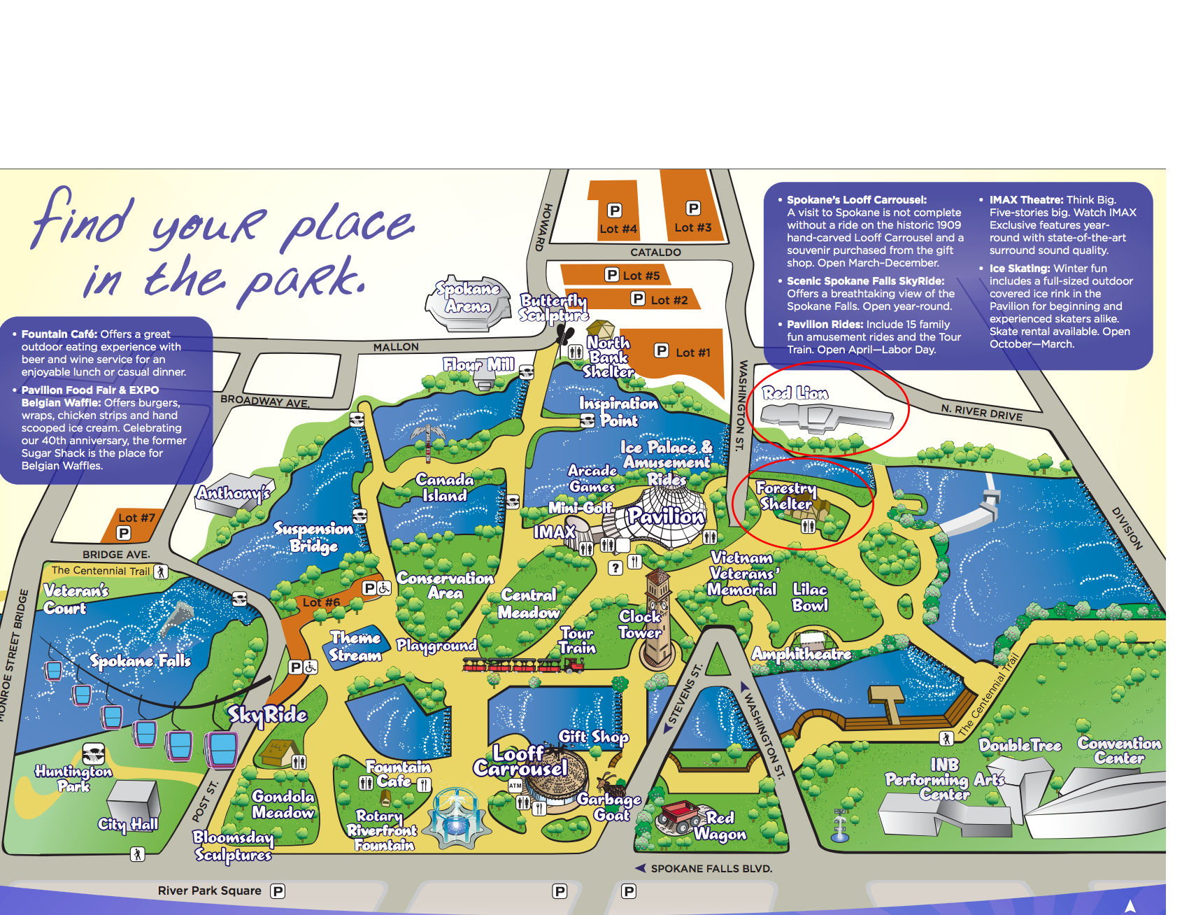 Map of Riverfront Park with the conference hotel and the party location marked